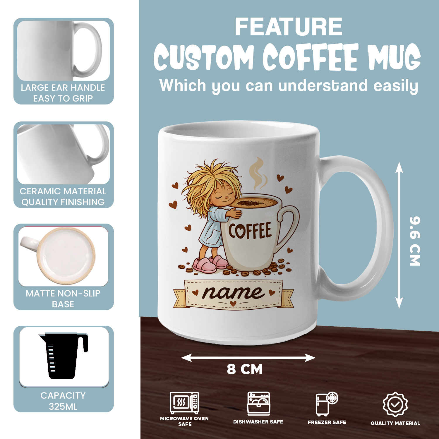 Personalised Cute Girl Hugging Coffee Cup